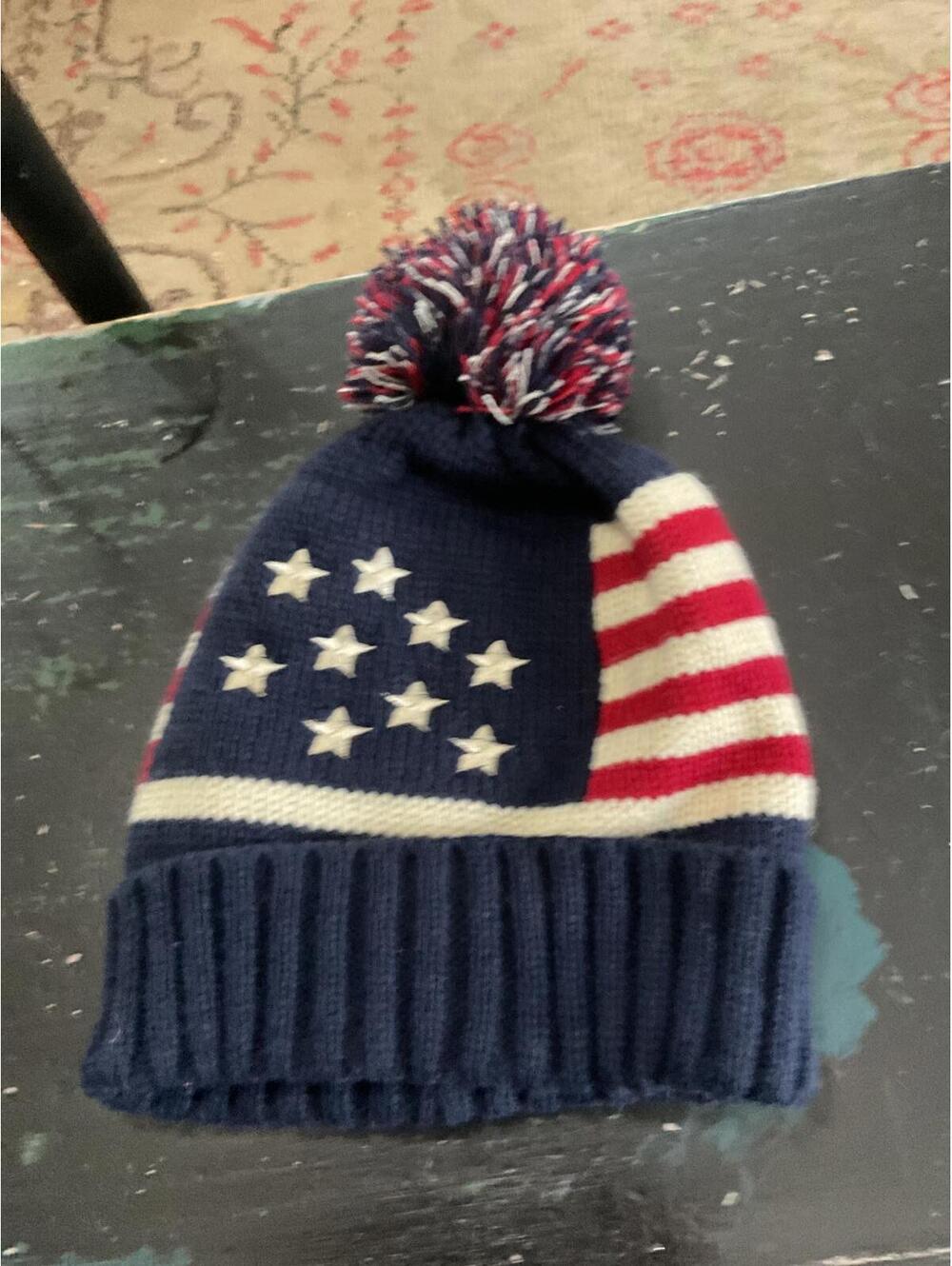 Cozy American Flag Knit Beanie Hat with Pom Pom OS
